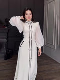 Plataz 2024 New Bow Decoration Black And White Splicing Temperament Half-High Collar Long Dress