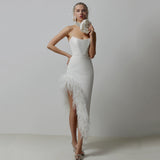 Plataz Open Fork Bra Feather Bandage Repair Body Elastic Party Mid-Long Dress Dress Dress