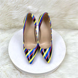 Plataz Color Striped High Heels 12CM Pointed Thin-Heeled Women's Shoes Banquet Shoes High Quality Shoes