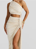Plataz Irregular Shoulder Wrinkled Chest Skirt Woman 2025 Summer New Sexy Bare-Backed Rope Open Fork Dress HZ0628