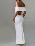 Plataz White Ruched Off Shoulder Backless Bodycon Elegant Cocktail Party Gown Maternity Photoshoot Baby Shower Maxi Dress Maternity