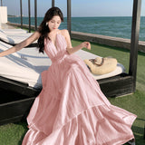 Plataz Holiday Atmosphere Feel Dress Women Folded Deep V Hanging Neck Dress Pure Lusty Style Big Back Cake Dress