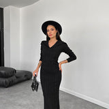 Plataz Fashion Knitted Solid Color In Autumn 2024 V-Neck Bag Hip Dress