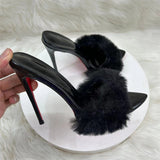 Plataz 12Cm Pointed Thin Heeled Tips High Heels Women Black Hair Cool Slippers High Quality Shoes