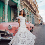 Plataz Summer New Women's Dress A Word Shoulder Lotus Side Hollow Lace Dress Dress DJPT