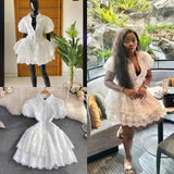Plataz Summer Retro Temperament Super Fairy Collar Single Buckle White Embroidery Bubble Sleeve A Word Cake Dress DJPT