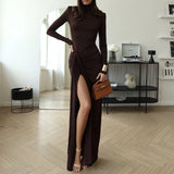 Plataz And Winter Fashion Sexy High Open Fork Strap Bag Hip Dress New Hottie High-Collar Dress