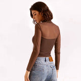 Plataz Women's High-Collar Mesh Splicing Long Sleeve Sexy Perspective Short Top DJPT