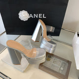 Plataz Year Thick High Heel Waterproof Waterproof Table Thick High Heel Transparent Water Drill High Heel Sandals Slippers 15 Cm One-Word Drag High Quality Shoes