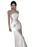 Plataz Holiday Style Sexy Perspective Mesh Yarn Flowers With Breasts Women Design Sense Of Body Quality Dress