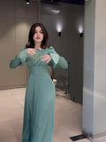 Plataz 2024 Court Style Bubble Collar Wood Ear To Collect Waist Solid Color Long Sleeve Dress