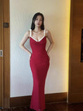 Plataz Shuxin's French Elegant Temperament V Collar Lace Tight Long Red Sling Dress Woman 2025
