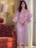 Plataz 2025 Autumn New V-Neck Mesh Shalin Elegant Thin Lantern Sleeve Dress Woman
