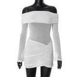 Plataz Women's First-Word Collar Shoulder Mesh Splicing Flash Folding Skirt Dress DJPT