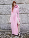 Plataz Early Autumn Famous Rose Three-Dimensional Flower Horn Sleeve Sexy Open Fork Gentle Dress Dress