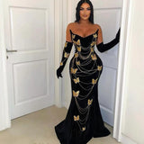 Plataz Body Golden Butterfly A Diamond Chain Dress Sexy Breast Repair Velvet Party Dress