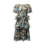 Plataz Retro Court Dress 2025 Summer New Multi-Layer Lotus Side Bubble Sleeve Print Dress Dress Woman