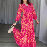 Plataz Women's Autumn New V-Necked Lantern Sleeve Print High-Waist Retro Long Dress