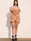 Plataz And Summer 2025 Spring And Summer Petal Lotus Leaf Side Shoulder Dress V Collar Short Skirt
