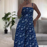 Plataz Summer New Leisure Holiday Blue Print Retro Bare Back Double Strap Sling Skirt