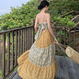 Plataz Summer Dress New Seaside Holiday Wind Loose Sling V Tie Print Splicing Dress Dress Waist And Ankle