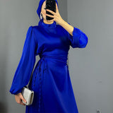 Plataz Women's New Round-Neck Lantern Sleeve Dress Side Belt With Body-Repair Dress Dress