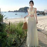 Plataz Style Sexy Hottie Suit Female V-Neck Hanging Neck Sling Vest High-Waisted Long Skirt Two Sets