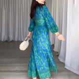 Plataz Women's Autumn New V-Necked Lantern Sleeve Print High-Waist Retro Long Dress