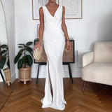 Plataz 2024 Women's Sexy Beach Wind Hanging Neck Deep V Bare Back Strap Long Textured White Dress