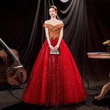 Plataz 2025 New Dry Verted Gold Red Bride Wedding Toast Solo Stage Performance Evening Dress