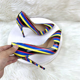 Plataz Color Striped High Heels 12CM Pointed Thin-Heeled Women's Shoes Banquet Shoes High Quality Shoes