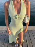Plataz Babes Holiday Style V Collar Bare Back Hanging Neck Knitted Dress High Open Three-Dimensional Flower Design Long Dress