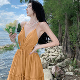 Plataz Sanya Beach Dress Women's Slings Ribbons With Back V-Neck Dress Temperament High-Rise Lanky Skirt