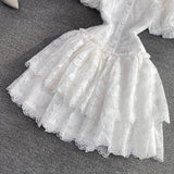 Plataz Summer Retro Temperament Super Fairy Collar Single Buckle White Embroidery Bubble Sleeve A Word Cake Dress DJPT