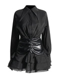 Plataz Temperament Sister Style Dress Woman 2025 Summer High-Grade Folded Long Sleeve High-Waisted Leaf Side Short Dress Women's Dress