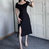 Plataz Women's Summer Collar Bubble Sleeve With High Waist Repair Fork Sexy Long Dress