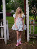 Plataz Summer New Square Collar Bubble Sleeve Bow Tie With Belt Print Short Dress Woman