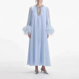 Plataz 2025 Cuffed Ostrich Hair Decoration Dress Neck Collared Diamond Dress