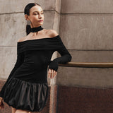 Plataz Women's New Word Collar Shoulder Long Sleeve Splicing Floral Skirt DJPT