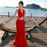 Plataz Style Sexy Hottie Suit Female V-Neck Hanging Neck Sling Vest High-Waisted Long Skirt Two Sets
