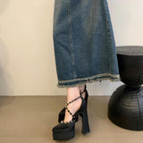 Plataz And Summer 2024 New Fashion Rivet Coarse And Hate High-Point Silk And Satin High-Heeled Walk Show Women's Singles Shoes High Quality Shoes