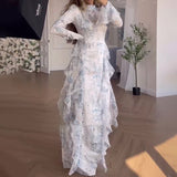 Plataz 2024 New Women's Clothing Dizzened With Broken Lotus Leaves Side Splicing Dress Long Sleeve Long Dress