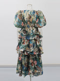 Plataz Retro Court Dress 2025 Summer New Multi-Layer Lotus Side Bubble Sleeve Print Dress Dress Woman
