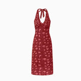 Plataz Luth's Same Red V-Neck Broken Flower Hanging Neck Sling Dress In The Middle And Long Summer Holiday Style Dress