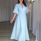 Plataz Women's Summer V Tie With Bubble Sleeve High Waist Slim Slim Dress