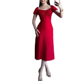 Plataz Women's Summer Collar Bubble Sleeve With High Waist Repair Fork Sexy Long Dress