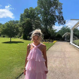 Plataz Hot Dress Fashion Cake Dress Sexy Pink Slings Bare Hot Babes Long Dress HZ0628