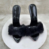 Plataz 12Cm Pointed Thin Heeled Tips High Heels Women Black Hair Cool Slippers High Quality Shoes