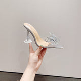 Plataz Fashion Pointed Shallow Side Empty Toe Transparent Water Drill Bow Glass And Sandals Woman High Quality Shoes
