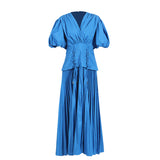 Plataz Retro Bubble Sleeve Rope Waist-Waisted Dress 2025 Summer New Folding Splicing Solid Color Dress Dress Women's Dress
